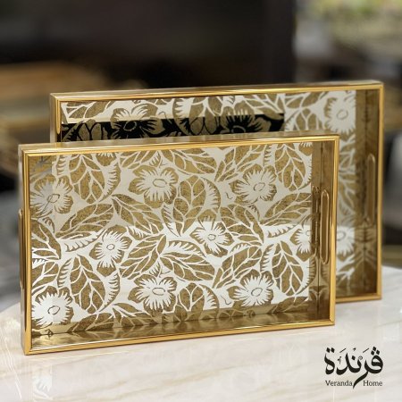 طقم 2 صواني ذهبي نقشة نباتية كلاسيكية